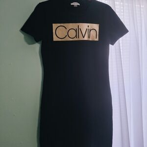 Calvin Klein Black TShirt Dress with Gold Logo